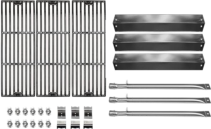 Hongso Grill Parts for Chargriller 5050, 5650, 3001, 3008, 3030, 4000, 5072, 5252, King Griller 3008, 5252, Cast Iron Grill Grates Heat Plates Burners and Hanger Brackets Included