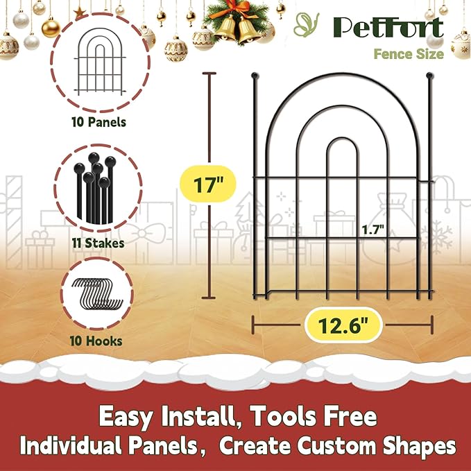 Garden Fence Panels, 17 in (High) x 12.6 ft (Long) Flower Bed Fencing for Small Animal Barrier, 10 Pcs Metal Decorative Fences Border with Hooks