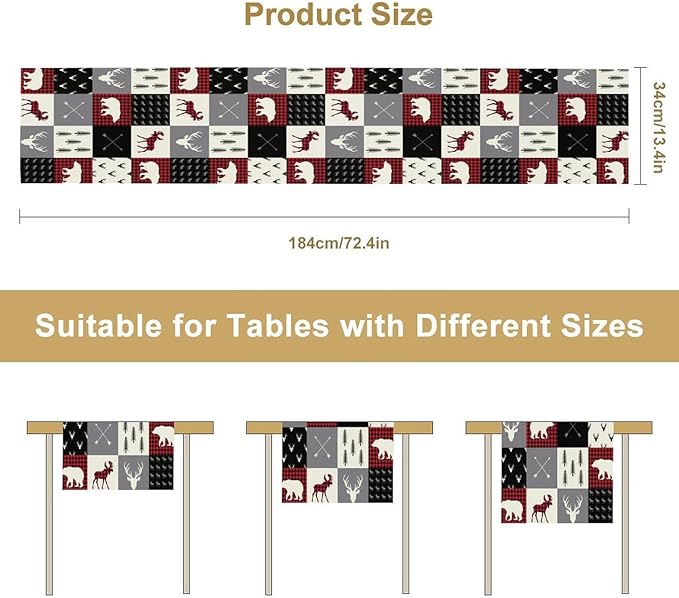 Farmhouse Bear Deer Table Runner, Retro Rustic Village Buffalo Plaid Table Runner for Coffee Table Dining Room Table Bedroom Party Holiday 13x70in