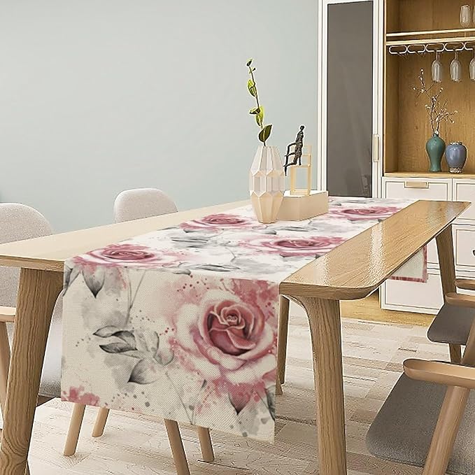Pink Rose Floral Table Runner,Abstract Watercolor Flower Pattern Modern Romantic Kitchen Dining Table Decoration for Wedding Holiday Home Party 13x108in
