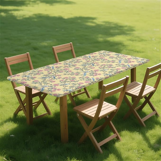 Rectangle Table Cloth Cover Waterproof Elastic Fitted Polyester Fitted Tablecloths for 6 Foot Tables for Indoor,Picnic, Camping, Outdoor （72" x 30"，Bird）