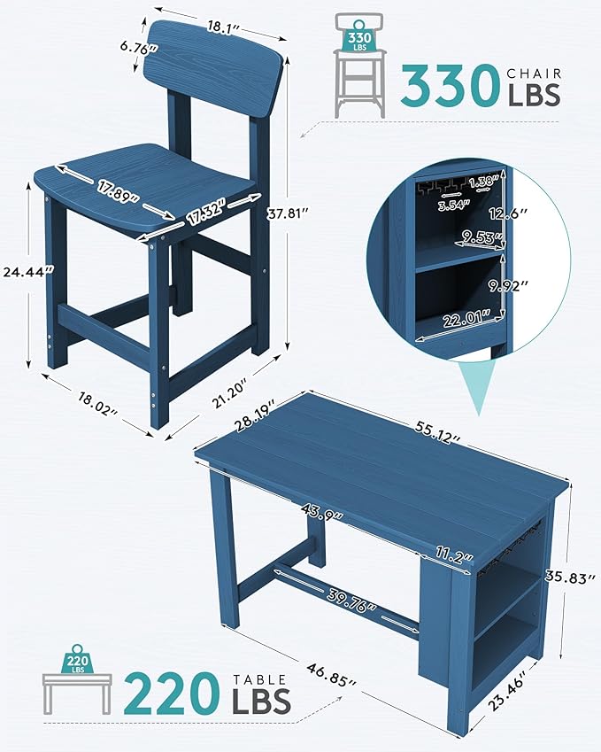 SERWALL 8-Piece HDPE Counter Height Dining Table Sets with Storage and Wine Rack, 2 Rectangular Bar Table with Bar Stools Set of 6 for Garden, Backyard, Kitchen, Blue