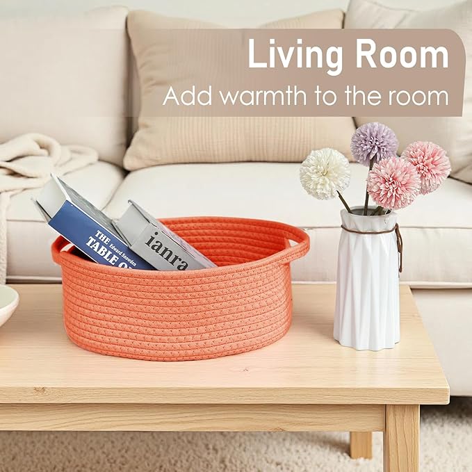 Woven Basket,Small Rope Storage Bin with Handles & Ribbon Bag, Organizer for Shelves Closets,Gift Basket Empty for Birthday,Books,Dog Toys,Orange