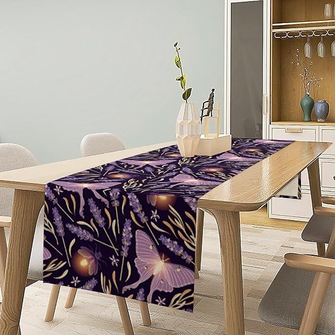 Purple Moth Table Runner,Retro Butterfly Flower Print Table Runner for Wedding Holiday Indoor Outdoor Party Home Decor 13x108in