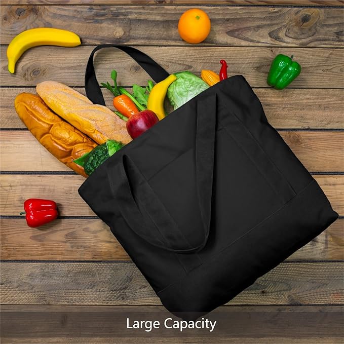 TOPDesign 30-Pack Canvas Tote Bags with an External Pocket, Reusable Grocery Shopping Bags, Top Zipper Closure, Daily Essentials (Black)