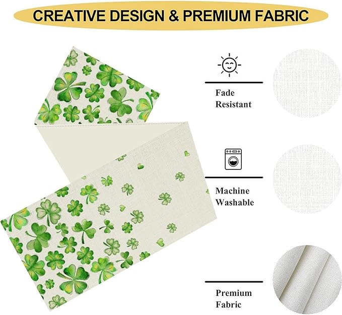St.Patrick's Day Table Runner,Rustic Green Clover Seasonal Leaves White Green Table Center Decor for Family Kitchen and Living Room Outdoor Farmhouse Party Table Decorations, 13"x90"