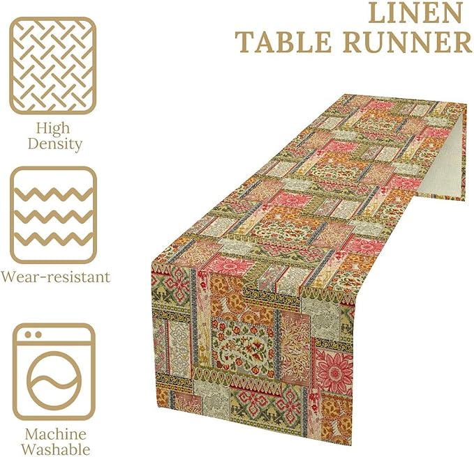 Colorful Patchwork Table Runner, Boho Floral Vintage Wildflower Rustic Paisley Design Table Runner for Dining Coffee Party Holiday Farmhouse 13x108in