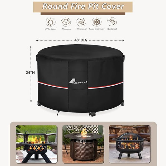 Fire Pit Cover Round 48 Inch Waterproof,Outdoor Heavy Duty Durable 600D Tear-Resistant Fire Pit Table Cover,Patio Round Firepit Cover 48" D x 24" H, Black