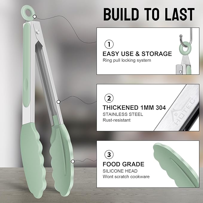 Hotec Premium Stainless Steel Locking Kitchen Tongs with Silicon Tips, Set of 2-9" and 12" Light Green