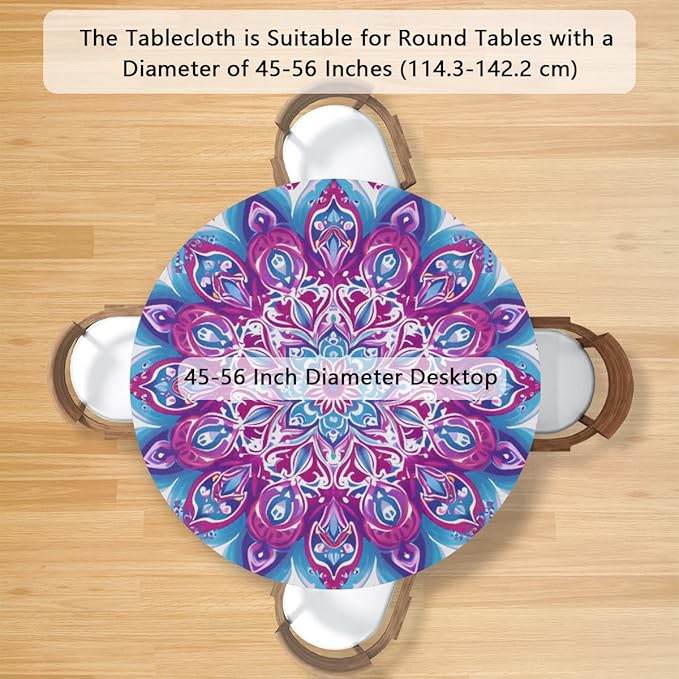 Mandala Vintage Flowers Round Table Cloth Cover, Elastic Edge Waterproof Wipeable Tablecloths 45"-56" Polyester Tablecloth for Party Restaurant Banquet Holiday Camping Outdoor Picnic