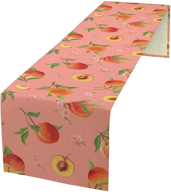 Pink Cute Peach Table Runner, Colorful Summer Fruit Floral Table Runner for Kitchen Dining Party Holiday Home 13x60in