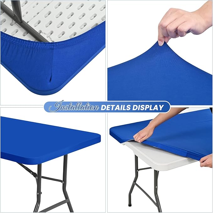 6 Pack Stretch Fabric Table Top Cap Cover, fits 8Ft Tables, Spandex Table Covers Washable Elastic Universal Rectangle Tablecloth Protector for Outdoor Party Picnic Wedding, Royal Blue, 30" W x 96" L