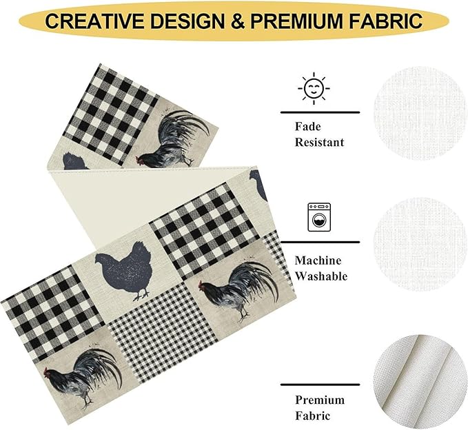 Farmhouse Rooster Table Runner, Vintage Rooster Retro Farmhouse Country Chicken Buffalo Checked Coffee Table Center Decor for Home Kitchen Dining Patio Holiday Party Table Decorations 13"x108"