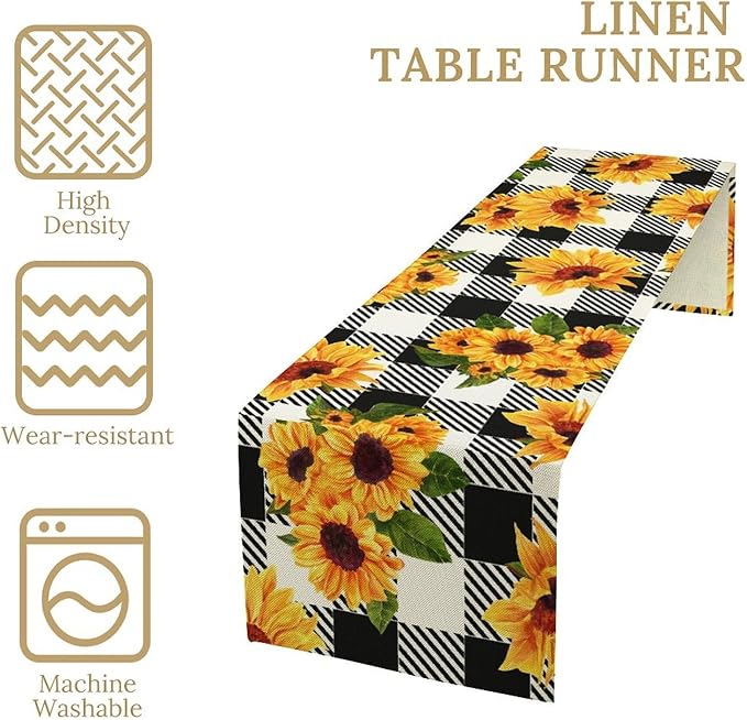 Yellow Sunflower Table Runner, Vintage Farmhouse Black White Sunshine Sunflowers Print for Autumn Farmhouse Home Kitchen Table Decoration,13x36inch