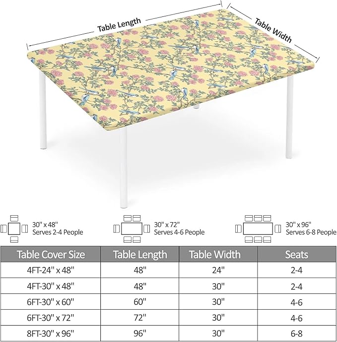 Rectangle Table Cloth Cover Waterproof Elastic Fitted Polyester Fitted Tablecloths for 6 Foot Tables for Indoor,Picnic, Camping, Outdoor （72" x 30"，Bird）