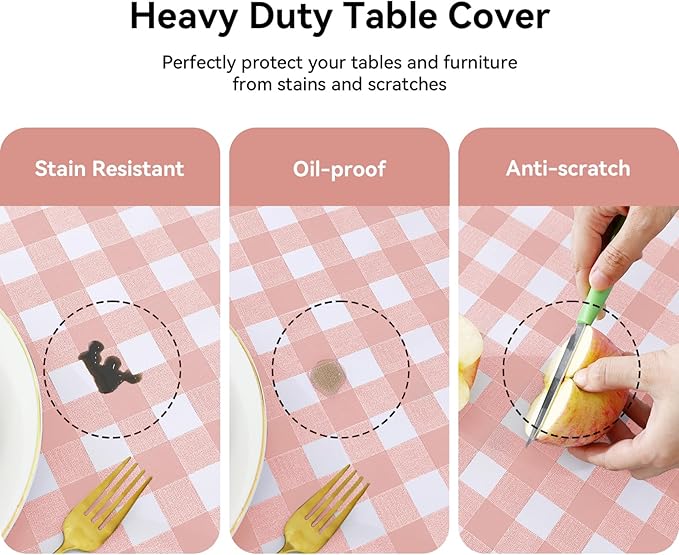 Romanstile Square Vinyl Tablecloth, 100% Waterproof Checkered Plastic Table Cloth, Heavy Duty Buffalo Gingham Table Cover for Dining, Camping, Picnic, Outdoor - 54 x 54 Inch, Light Pink