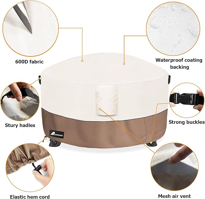 Fire Pit Cover Round 32 Inch Waterproof,Outdoor Heavy Duty Durable 600D Tear-Resistant Fire Pit Table Cover,Patio Round Firepit Cover 32" D x 16" H, Beige