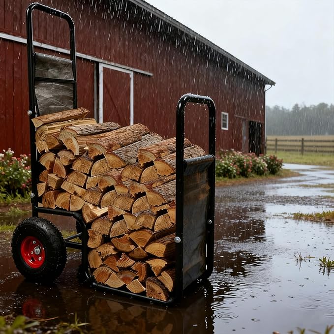 Firewood Cart with Pneumatic Wheel: 44 X 27 X 20 in Heavy Duty 220 lbs Load for Garden Backyard Fireplace Men Women Use
