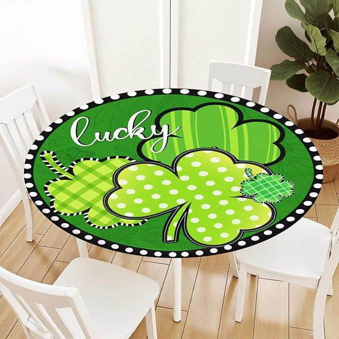 St Patricks Day Round Fitted Tablecloth with Elastic Green Shamrock Lucky Circle Table Cover for 44-48" Tables Spring Clover Wipeable Waterproof Washable Table Cloth for Party Picnic Dining Decor