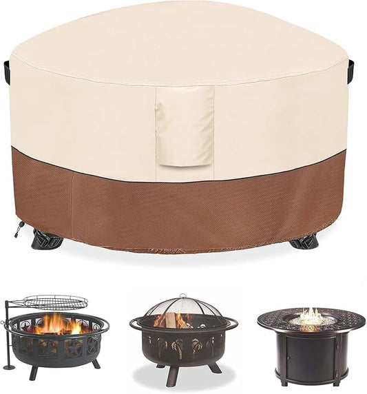 Fire Pit Cover,Outdoor Heavy Duty 600D 100% Waterproof Fire Pit Cover Round,Weatherproof Firepit Covers Round 36" Dia x 24" H,Beige & Brown