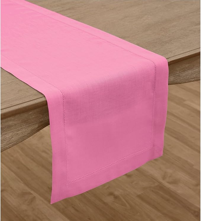 Solino Home Linen Flamingo Pink Table Runner 144 Inches Long - 100% Pure Linen Extra Long Table Runner 14 x 144 Inch for Valentines, Spring, Easter - Classic Hemstitch