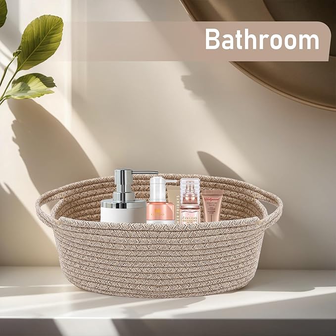 Woven Basket,Small Rope Storage Bin with Handles & Ribbon Bag, Organizer for Shelves Closets,Gift Basket Empty for Birthday,Books,Dog Toys,Oatmeal/2 Pack