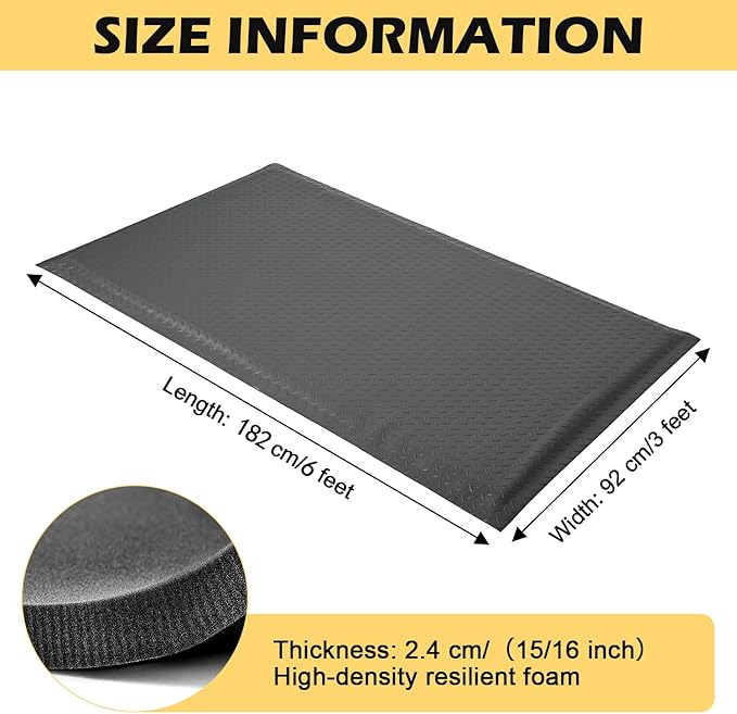 3 x 6 FT Anti Fatigue Mats Industrial 15/16 Inch Thick Soft Sponge Ergonomic Mat Durable Heavy Duty Diamond Plate for Standing Non Slip Industrial Grade Floor Mat for Leg & Back Pain (Gray)