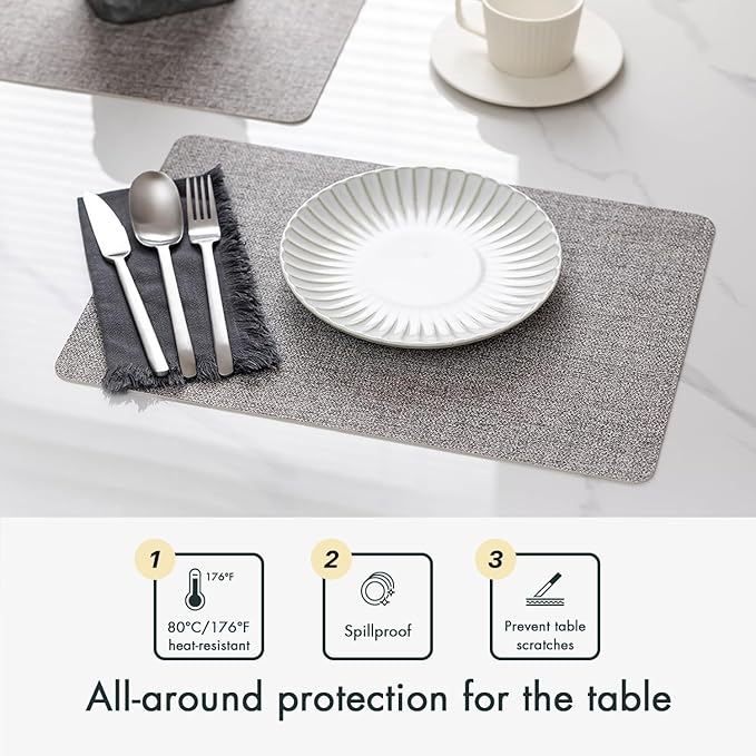 Faux Leather Placemats Set of 4 Vinyl Washable Wipeable Table Mats for Kitchen Dining Table Heat Resistant Waterproof Modern Indoor/Outdoor Placemats Non-Slip Easy Clean Place Mats (Mid Gray)