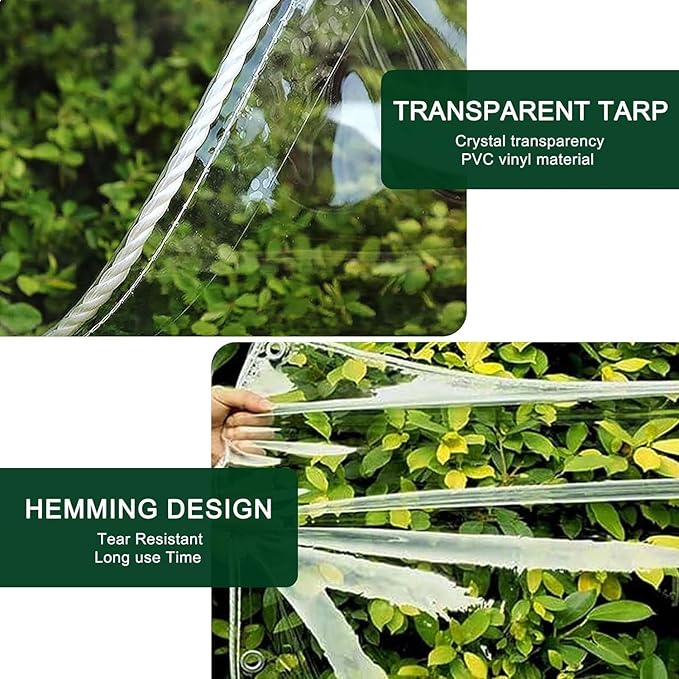 Clear Tarp with Grommets,8X12ft Transparent Heavy Duty Waterproof Tarpaulin Cover with Reinforced Edge,14Mil Thickened Tear Resistant Waterproof PVC Vinyl Tarp for Patio,Camping,Greenhouse Outdoor
