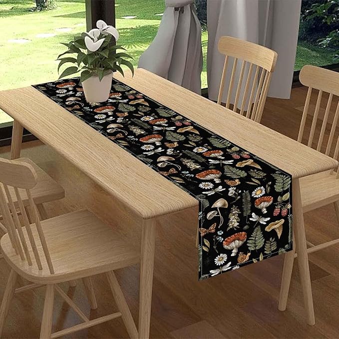 Mushroom Table Runner, Rustic Farmhouse Forest Plants Botanical Country Black Coffee Table Center Decor for Home Kitchen Dining Patio Holiday Party Indoor Outdoor Table Decorations, 13"x108" Inch