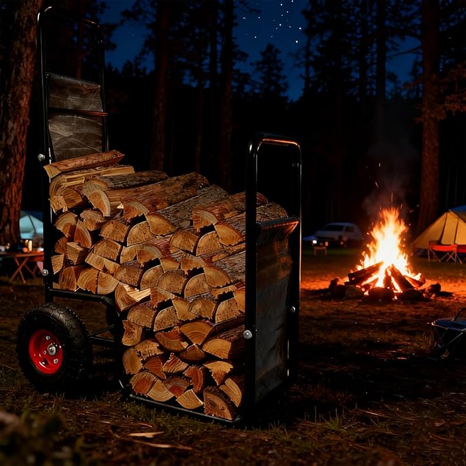 Firewood Cart with Pneumatic Wheel: 44 X 27 X 20 in Heavy Duty 220 lbs Load for Garden Backyard Fireplace Men Women Use