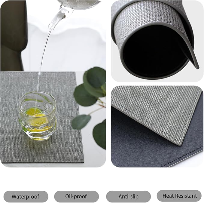 Faux Leather Waterproof Placemats Set of 4, Heat Resistant Reversible PU Place Mats, Dining Table Mats for Indoor Outdoor (Round Table, Grey)