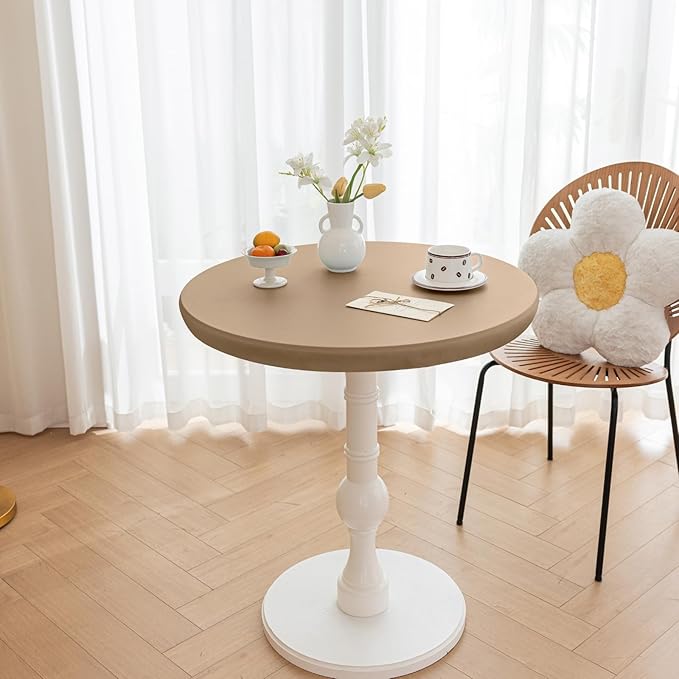 Round Fitted PU Tablecloth with High Elastic Edge 39 Inch Dia Waterproof Oil Proof Table Cloth Anti-scald Stain-Resistant Wipeable Table Cover for Indoor Outdoor Picnic (Cream Coffee,39"Dia)