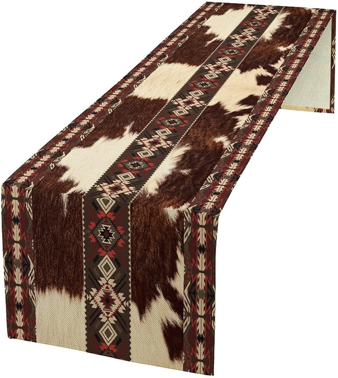 Cowhide Table Runner, Brown Cow Western Exotic Aztec Wild Animals Skin Table Runner for Kitchen Farmhouse Dining Home Outdoor Party 13x90in