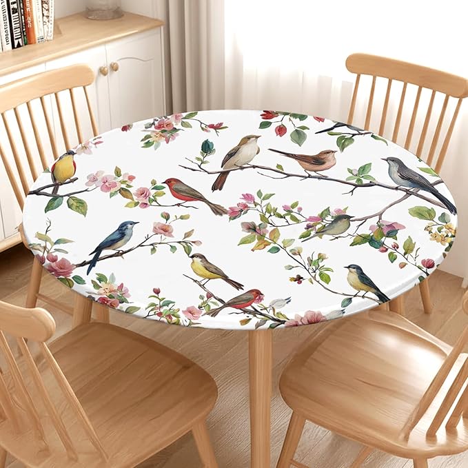 Spring Summer Round Fitted Tablecloth with Elastic Edge Bird Floral Easter Circle Table Cloth for 48-52" Round Tables Wipeable Waterproof Hummingbird Flower Table Cover for Outdoor Picnic Dining Decor