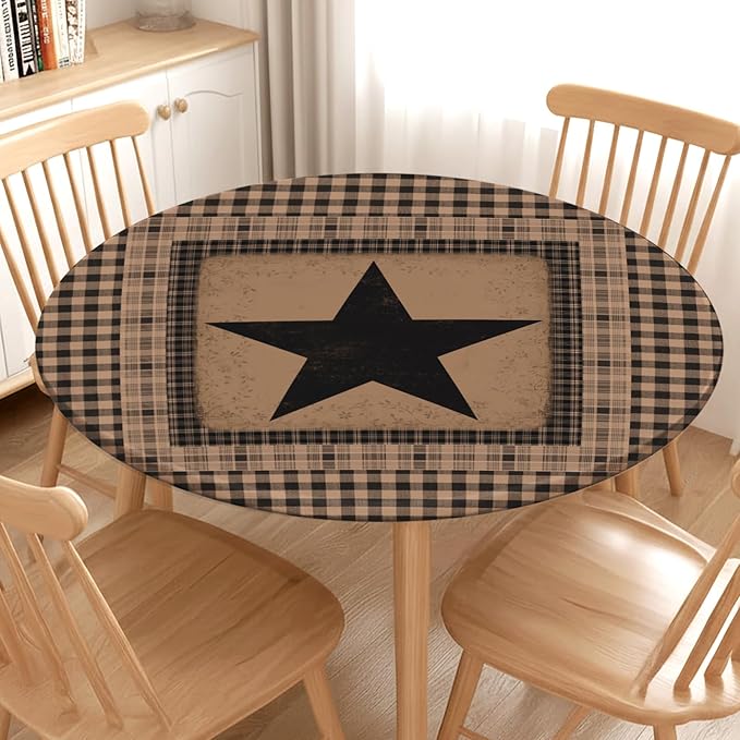 Western Texas Star Round Fitted Tablecloth with Elastic Vintage Black Brown Plaid Circle Table Cover for 48-52" Round Tables Stretch Waterproof Rustic Country Table Cloth for Kitchen Dining Patio