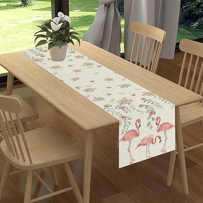 Flamingo Table Runner,Rustic Boho Grey Leaf Pink Rose Floral Tropical Bird Pattern Table Center Decor for Family Kitchen and Living Room Outdoor Farmhouse Party Table Decorations, 13"x72"