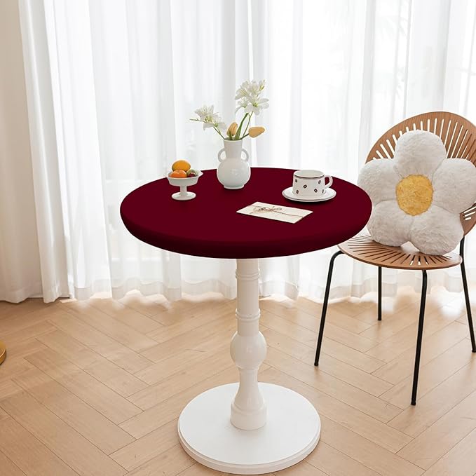 Round Fitted PU Tablecloth with High Elastic Edge 35 Inch Dia Waterproof Oil Proof Table Cloth Anti-Scald Stain-Resistant Wipeable Table Cover for Indoor Outdoor Picnic (Red,35" Dia)