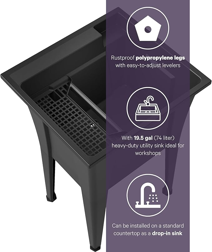 Freestanding Utility Sink with One Handle Chrome Faucet - 24" Plastic Utility Sink for Garage, Laundry, Indoor and Oudoor Use - Laundry Tub Kit by Noah William Home - Black (19.5 gal)