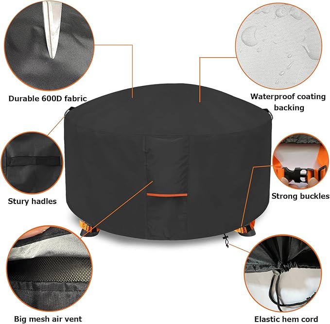 Fire Pit Cover,Outdoor Heavy Duty 600D 100% Waterproof Fire Pit Cover Round,Weatherproof Firepit Covers Round 56" Dia x 22" H,Black