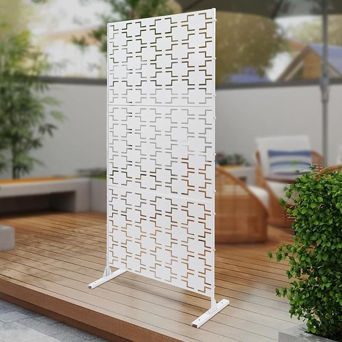 75" H×35" W Decorative Outdoor Privacy Screen with Stand, Outdoor Decor Privacy Fence Screen Metal Fence Panels, Free Standing Metal Divider for Patio Lawn Deck (White-Rectangular)