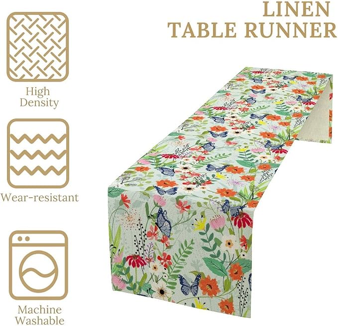 Butterfly Table Runner, Colorful Wildflower Butterfly Spring Table Runner for Holiday Kitchen Dining Home Party Outdoor 13x70in