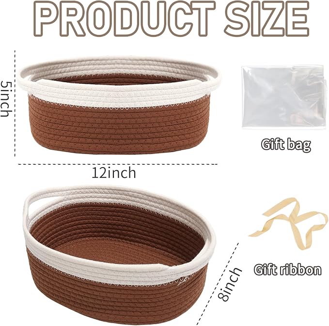 Woven Basket,Small Rope Storage Bin with Handles & Ribbon Bag, Organizer for Shelves Closets,Gift Basket Empty for Birthday,Books,Dog Toys, White&Brown