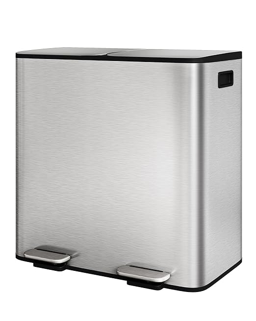 GarveeHome 2 x 10.6 gal Stainless Steel Double Trash Can with Lid for Kitchen, Large Dual Trash and Recycle Bin Combo, Step-on Kitchen Metal Garbage Cans, PP Inner Buckets, Liner Rim, Silver