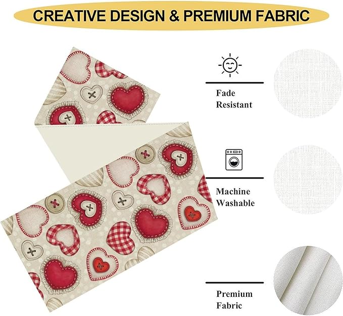 Red Heart Table Runner,Retro Rustic Beige Heart Buttons Polka Dot Valentines Decorations Decor for Family Kitchen and Living Room Outdoor Farmhouse Party Table Decorations, 13"x36"