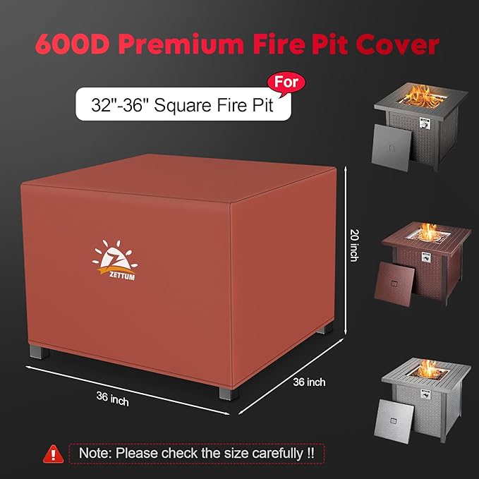 Zettum Fire Pit Cover Square 36 Inch - Outdoor Firepit Cover Heavy Duty & Waterproof, 600D Patio Fire Table Covers Gas Fire Pit Accessories Fit 34" Yaheetech Firepit Brown - 36 x 36 x 20 Inch