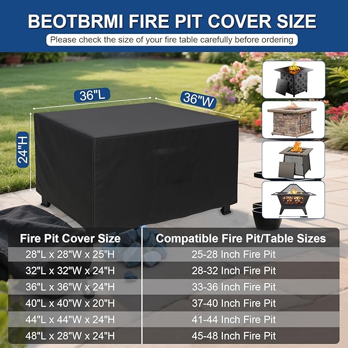 Fire Table Cover for 36 inch Fire Pit Cover Square, Upgrade Oxford Fabric for Outdoor Fireplace Cover and Fire Pit Table, Waterproof & Tear Resistant Fit for 33-36 Inch Square Fire Pit Table