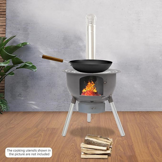 DYRABREST Wood Burning Stove with Grill, Multifunction Portable Camping Stove, Outdoor Cooking Stove with 3 Wok Rings & Chimney, Heavy Duty Steel Fire Pit for Backyard, Patio, BBQ, Camping, Hiking