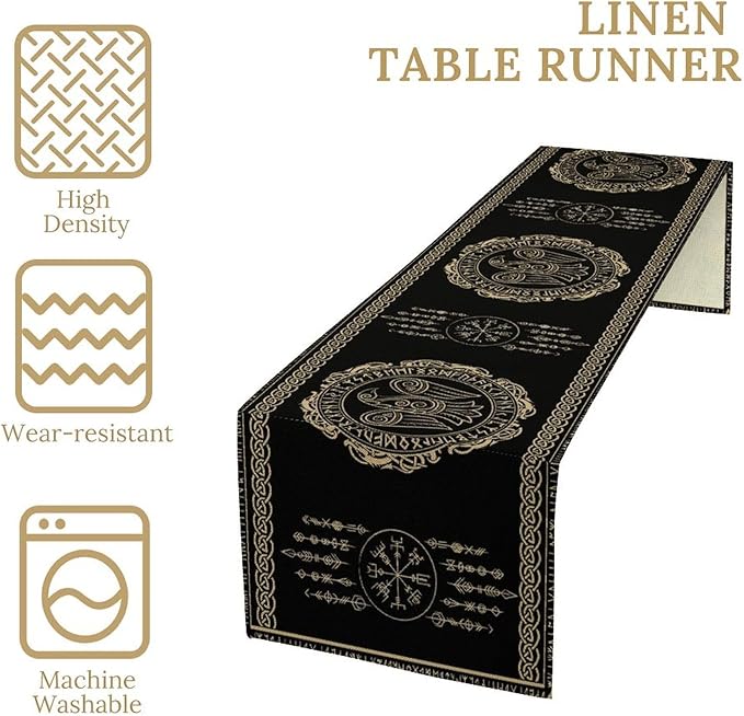Nordic Vikings Table Runner, Viking Raven Rune Mythology Aesthetic Table Runner for Outdoor Kitchen Dining Home Party 13x108in