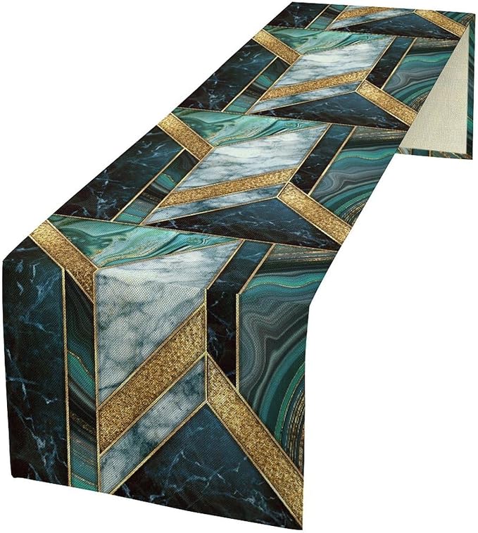 Marble Table Runner, Dark Green Gold Modern Mosaic Design Table Runner Decoration for Kitchen Family Dinner Table Holiday Party Farmhouse 13x90in